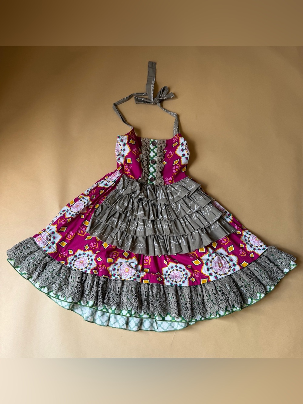 Mustard Pie Girls 6X Halter Dress Boho Medallion Ruffle Lace Tiered